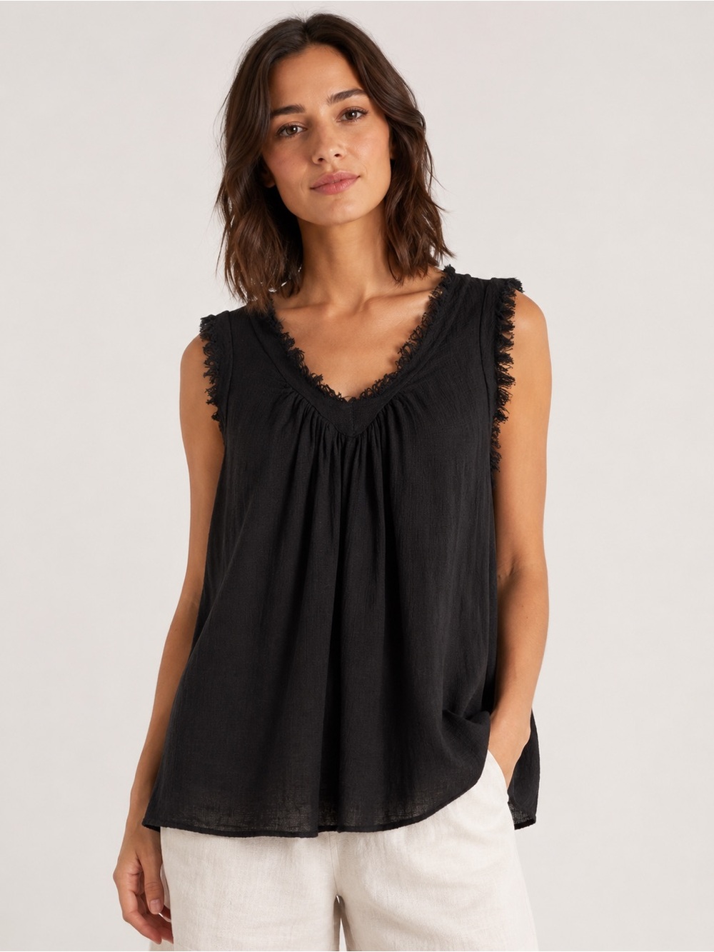 Meo Meli Black Linen Blend Sleeveless Blouse